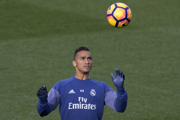 Real Madrid's Danilo controls a ball during a training session in Madrid, Spain, Friday Jan. 20, 2017. Real Madrid will play Malaga on Saturday in a Spanish La Liga soccer match after having lost their last two games. (AP Photo/Paul White)