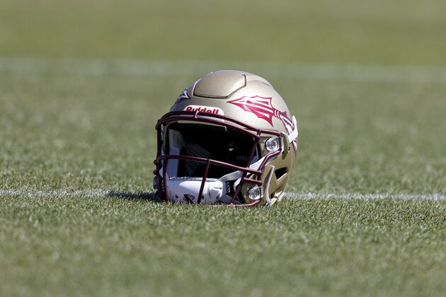 TALLAHASSEE, FL - APRIL 1: A general view of a Florida State Seminoles Helmet on the field during Spring Practice at the Albert J. Dunlap Athletic Training Facility on April 1, 2017 in Tallahassee, Florida. The Seminoles are ranked 3rd in the preseason polls. (Photo by Don Juan Moore/Getty Images)