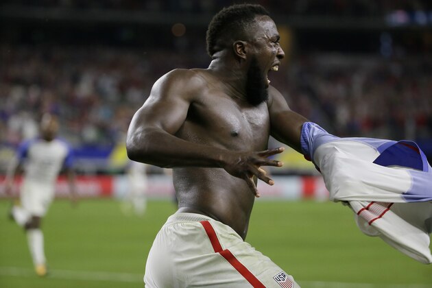 United States' Jozy Altidore celebrates after scoring against Costa Rica during a CONCACAF Gold Cup semifinal soccer match in Arlington, Texas, Saturday, July 22, 2017. (AP Photo/LM Otero)