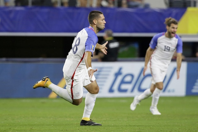 United States' Clint Dempsey, left, celebrates after scoring a goal against Costa Rica during a CONCACAF Gold Cup semifinal soccer match in Arlington, Texas, Saturday, July 22, 2017. (AP Photo/LM Otero)