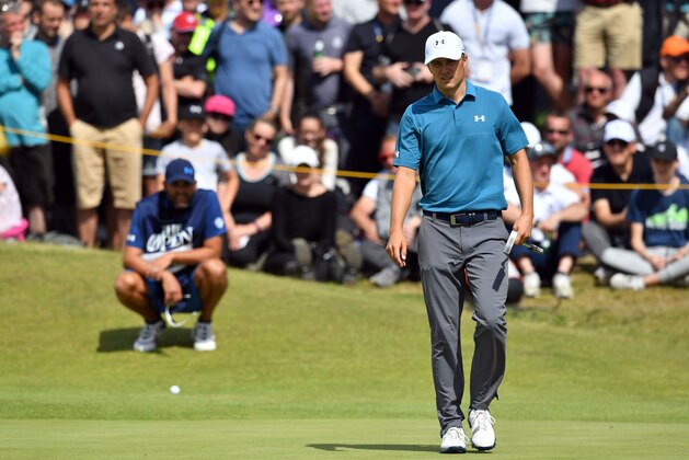 US golfer Jordan Spieth prepares to putt on the 3rd green during his final round on day four of the 2017 Open Golf Championship at Royal Birkdale golf course near Southport in north west England on July 23, 2017.
Spieth is looking to emulate the great Jack Nicklaus by getting his hands on a third different major before turning 24, as the final round of the British Open got underway in glorious conditions at Royal Birkdale on Sunday. / AFP PHOTO / Ben STANSALL / RESTRICTED TO EDITORIAL USE        (Photo credit should read BEN STANSALL/AFP/Getty Images)