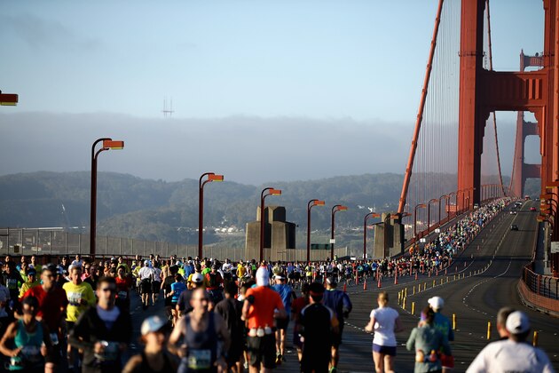 SAN FRANCISCO, CA - JUNE 16:  Runners cross the Golden Gate Bridge during the 2013 San Francisco Marathon and Half-Marathon on June 16, 2013 in San Francisco, California.  (Photo by Ezra Shaw/Getty Images)