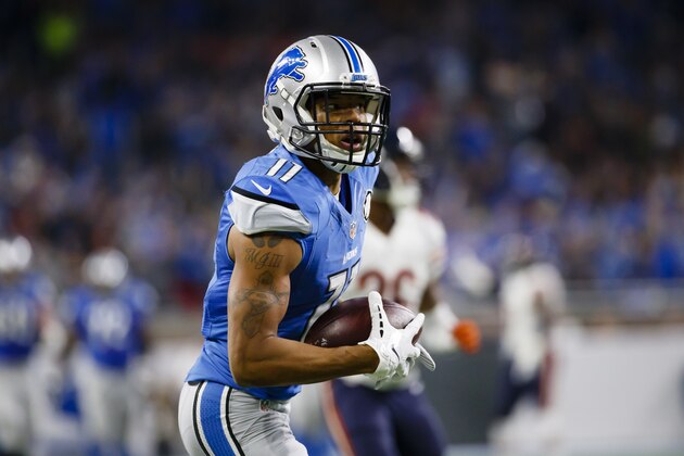 Detroit Lions wide receiver Marvin Jones (11) rushes against the Chicago Bears during an NFL football game at Ford Field in Detroit, Sunday, Dec. 11, 2016. (AP Photo/Rick Osentoski)