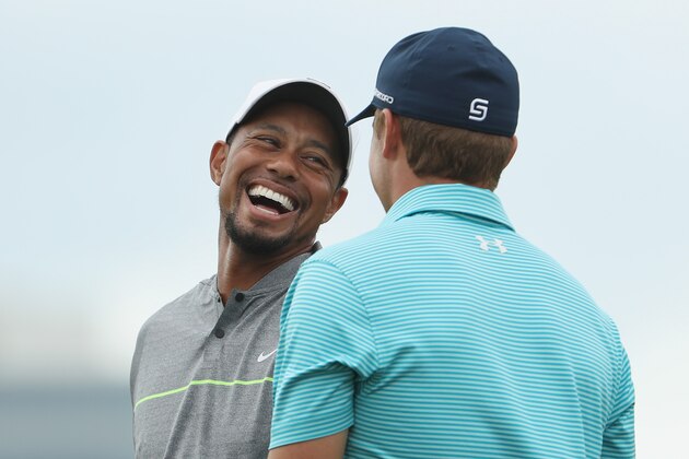 NASSAU, BAHAMAS - DECEMBER 03:  Tiger Woods of the United States and Jordan Spieth of the United States laugh on the practice range during round three of the Hero World Challenge at Albany, The Bahamas on December 3, 2016 in Nassau, Bahamas.  (Photo by Christian Petersen/Getty Images)