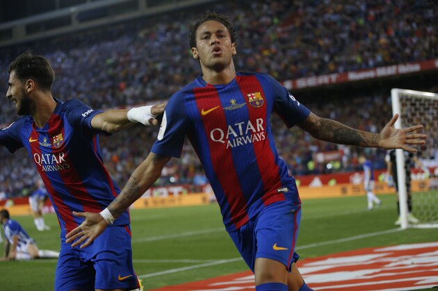 Barcelona's Neymar celebrates after scoring a goal during the Copa del Rey final soccer match between Barcelona and Alaves at the Vicente Calderon stadium in Madrid, Spain, Saturday May 27, 2017. (AP Photo/Daniel Ochoa de Olza)