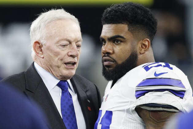 ARLINGTON, TX - JANUARY 15: Ezekiel Elliott #21 of the Dallas Cowboys talks with owner Jerry Jones prior to the NFC Divisional Playoff game against the Green Bay Packers at AT&T Stadium on January 15, 2017 in Arlington, Texas. The Packers defeated the Cowboys 34-31. (Photo by Joe Robbins/Getty Images)