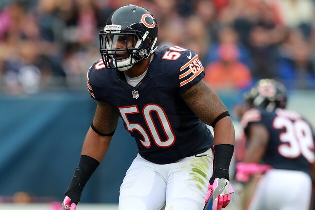 Chicago Bears inside linebacker Jerrell Freeman (50) lines up against the Jacksonville Jaguars during an NFL football game in Chicago, Sunday, Oct. 16, 2016. The Jaguars won the game 17-16.   (Jeff Haynes/AP Images for Panini)