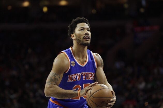 New York Knicks' Derrick Rose in action during an NBA basketball game against the Philadelphia 76ers, Friday, March 3, 2017, in Philadelphia. (AP Photo/Matt Slocum)