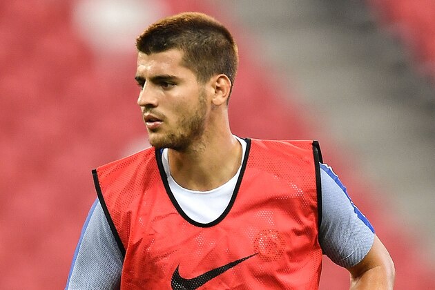 SINGAPORE - JULY 24: Alvaro Morata #9 of Chelsea FC runs during a Chelsea FC International Champions Cup training session at National Stadium on July 24, 2017 in Singapore.  (Photo by Thananuwat Srirasant/Getty Images  for ICC)