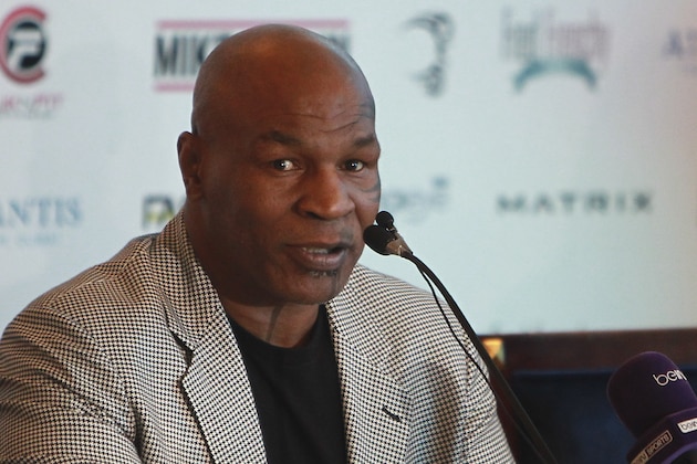 Former world heavyweight boxing champion Mike Tyson gives a press conference in Dubai in which he announced the opening of an academy named after him in the UAE, on May 4, 2017. 




 / AFP PHOTO / Stringer        (Photo credit should read STRINGER/AFP/Getty Images)