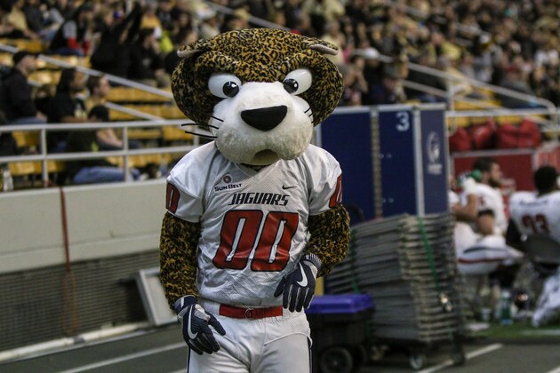 MOSCOW, ID - NOVEMBER 26: South Paw, the South Alabama mascot, cheers during first half action between the South Alabama Jaguars and the Idaho Vandals on November 26, 2016 at the Kibbie Dome in Moscow, Idaho. (Photo by Loren Orr/Getty Images)