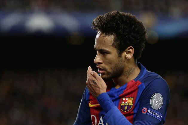 Barcelona's Neymar gestures during the Champions League quarterfinal second leg soccer match between Barcelona and Juventus at Camp Nou stadium in Barcelona, Spain, Wednesday, April 19, 2017. (AP Photo/Emilio Morenatti)