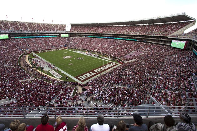 The stands at Bryant Denny stadium are occupied during the second half of an NCAA college football game between Alabama and Texas A&M, Saturday, Oct. 18, 2014, in Tuscaloosa, Ala. (AP Photo/Butch Dill)
