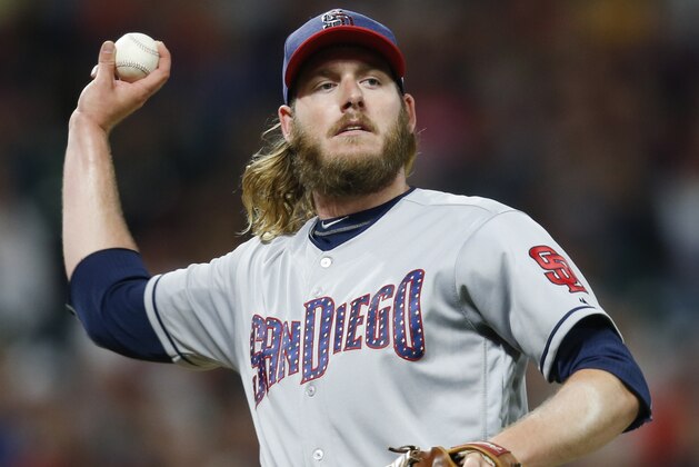 CLEVELAND, OH - JULY 04: Brandon Maurer #37 of the San Diego Padres throws out Jose Ramirez #11 of the Cleveland Indians at first base during the ninth inning at Progressive Field on July 4, 2017 in Cleveland, Ohio. The Padres defeated the Indians 1-0. (Photo by Ron Schwane/Getty Images)