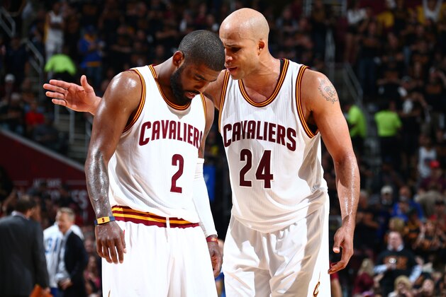 CLEVELAND, OH - JUNE 16: Kyrie Irving #2 and Richard Jefferson #24 of the Cleveland Cavaliers are seen against the Golden State Warriors in Game Six of the 2016 NBA Finals on June 16, 2016 at Quicken Loans Arena in Cleveland, Ohio.  NOTE TO USER: User expressly acknowledges and agrees that, by downloading and or using this Photograph, user is consenting to the terms and conditions of the Getty Images License Agreement. Mandatory Copyright Notice: Copyright 2016 NBAE (Photo by Nathaniel S. Butler/NBAE via Getty Images)