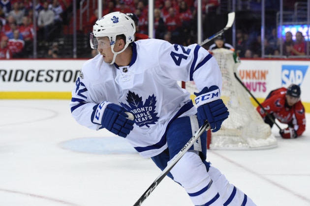 Toronto Maple Leafs center Tyler Bozak (42) chases play leaving Washington Capitals defenseman Matt Niskanen (2) behind during first period of Game 2 of an NHL Stanley Cup hockey first round playoff series in Washington, Saturday, April 15, 2017. (AP Photo/Molly Riley) Toronto Maple Leafs center Tyler Bozak (42) chases play leaving Washington Capitals defenseman Matt Niskanen (2) behind during first period of Game 2 of an NHL Stanley Cup hockey first round playoff series in Washington, Saturday, April 15, 2017. (AP Photo/Molly Riley)