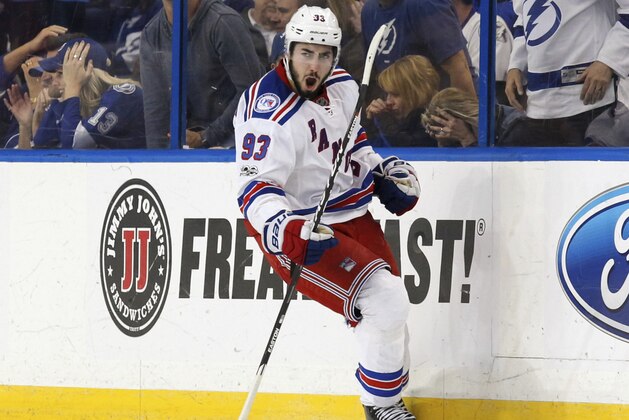 New York Rangers' Mika Zibanejad, of Sweden, celebrates his game-winning overtime goal during an NHL hockey game against the Tampa Bay Lightning, Monday, March 6, 2017, in Tampa, Fla. The Rangers won 1-0. (AP Photo/Mike Carlson) New York Rangers' Mika Zibanejad, of Sweden, celebrates his game-winning overtime goal during an NHL hockey game against the Tampa Bay Lightning, Monday, March 6, 2017, in Tampa, Fla. The Rangers won 1-0. (AP Photo/Mike Carlson)