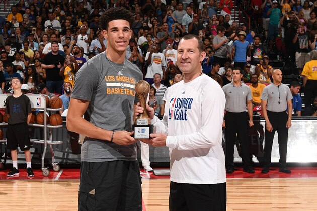 LAS VEGAS, NV - JULY 17: Lonzo Ball #2 of the Los Angeles Lakers receives the MGM Resorts NBA Summer League MVP Award before the game against the Portland Trail Blazers during the 2017 Summer League Finals on July 17, 2017 at the Thomas & Mack Center in Las Vegas, Nevada. NOTE TO USER: User expressly acknowledges and agrees that, by downloading and/or using this Photograph, user is consenting to the terms and conditions of the Getty Images License Agreement. Mandatory Copyright Notice: Copyright 2017 NBAE (Photo by Garrett Ellwood/NBAE via Getty Images) LAS VEGAS, NV - JULY 17: Lonzo Ball #2 of the Los Angeles Lakers receives the MGM Resorts NBA Summer League MVP Award before the game against the Portland Trail Blazers during the 2017 Summer League Finals on July 17, 2017 at the Thomas & Mack Center in Las Vegas, Nevada. NOTE TO USER: User expressly acknowledges and agrees that, by downloading and/or using this Photograph, user is consenting to the terms and conditions of the Getty Images License Agreement. Mandatory Copyright Notice: Copyright 2017 NBAE (Photo by Garrett Ellwood/NBAE via Getty Images)
