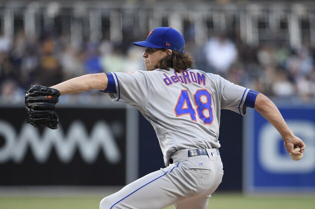 SAN DIEGO, CA - JULY 24: Jacob deGrom #48 of the New York Mets pitches during the first inning of a baseball game against the San Diego Padres at PETCO Park on July 24, 2017 in San Diego, California. (Photo by Denis Poroy/Getty Images) SAN DIEGO, CA - JULY 24: Jacob deGrom #48 of the New York Mets pitches during the first inning of a baseball game against the San Diego Padres at PETCO Park on July 24, 2017 in San Diego, California. (Photo by Denis Poroy/Getty Images)