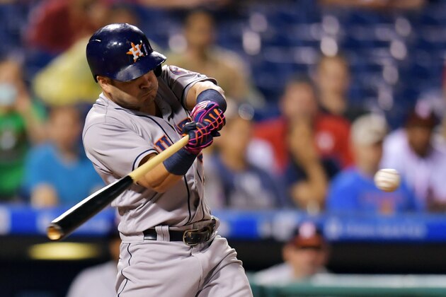 PHILADELPHIA, PA - JULY 24: Jose Altuve #27 of the Houston Astros hits a two run single in the fourth inning against the Philadelphia Phillies at Citizens Bank Park on July 24, 2017 in Philadelphia, Pennsylvania. (Photo by Drew Hallowell/Getty Images)