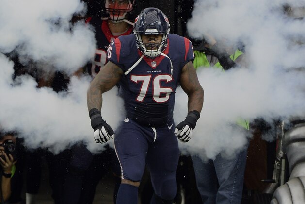 Houston Texans tackle Duane Brown (76) an NFL football game against the New Orleans Saints, Sunday, Nov. 29, 2015, in Houston. (AP Photo/George Bridges)