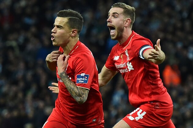 Liverpool's Brazilian midfielder Philippe Coutinho (L) celebrates with Liverpool's English midfielder Jordan Henderson (R) after scoring their first goal to equalise 1-1 during the English League Cup final football match between Liverpool and Manchester City at Wembley Stadium in London on February 28, 2016. / AFP / BEN STANSALL / RESTRICTED TO EDITORIAL USE. No use with unauthorized audio, video, data, fixture lists, club/league logos or 'live' services. Online in-match use limited to 75 images, no video emulation. No use in betting, games or single club/league/player publications. / (Photo credit should read BEN STANSALL/AFP/Getty Images) Liverpool's Brazilian midfielder Philippe Coutinho (L) celebrates with Liverpool's English midfielder Jordan Henderson (R) after scoring their first goal to equalise 1-1 during the English League Cup final football match between Liverpool and Manchester City at Wembley Stadium in London on February 28, 2016. / AFP / BEN STANSALL / RESTRICTED TO EDITORIAL USE. No use with unauthorized audio, video, data, fixture lists, club/league logos or 'live' services. Online in-match use limited to 75 images, no video emulation. No use in betting, games or single club/league/player publications. / (Photo credit should read BEN STANSALL/AFP/Getty Images)