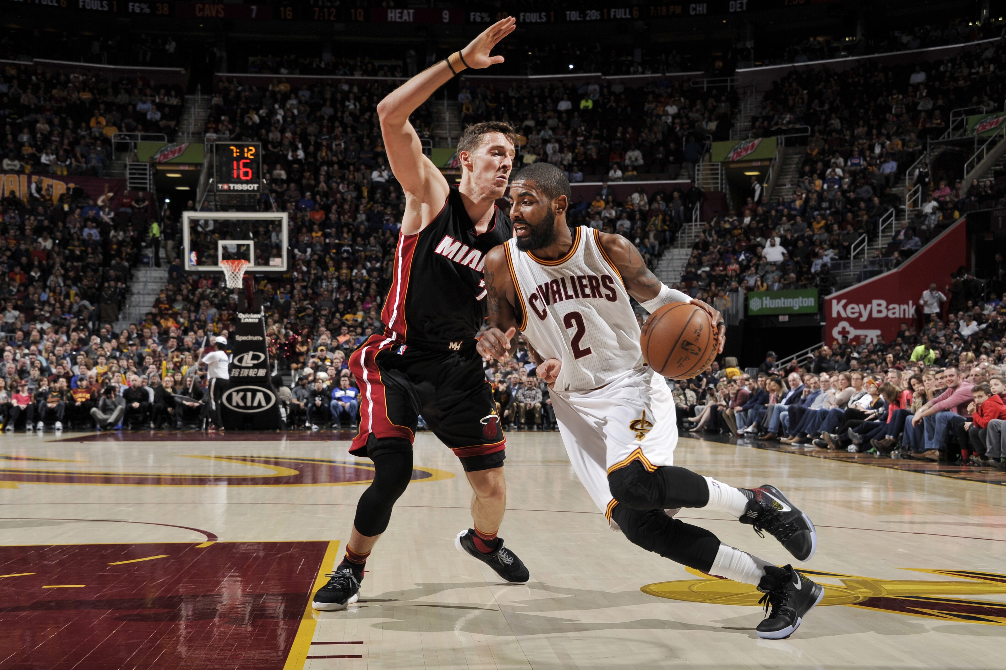 CLEVELAND, OH - MARCH 6:  Kyrie Irving #2 of the Cleveland Cavaliers drives to the basket against Goran Dragic #7 of the Miami Heat during a game on March 6, 2017 at Quicken Loans Arena in Cleveland, Ohio. NOTE TO USER: User expressly acknowledges and agrees that, by downloading and/or using this photograph, user is consenting to the terms and conditions of the Getty Images License Agreement. Mandatory Copyright Notice: Copyright 2017 NBAE (Photo by David Liam Kyle/NBAE via Getty Images)