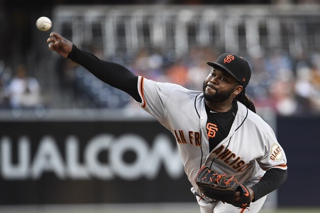 SAN DIEGO, CA - JULY 14: Johnny Cueto #47 of the San Francisco Giants pitches during the first inning of a baseball game against the San Diego Padres at PETCO Park on July 14, 2017 in San Diego, California. (Photo by Denis Poroy/Getty Images)