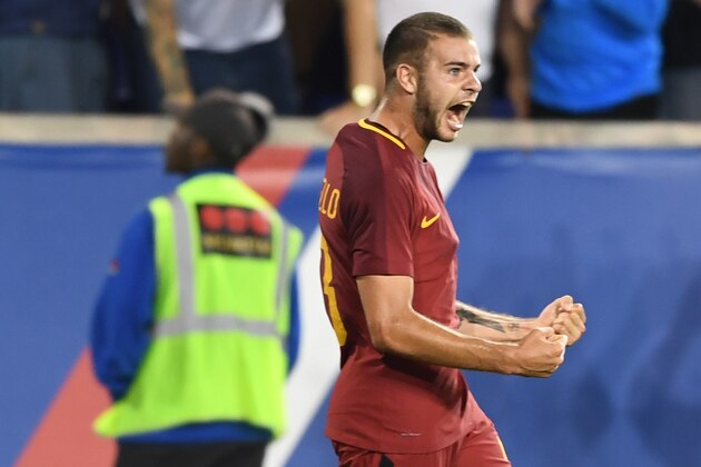 A.S Roma's Marco Tumminello (R) celebrates scoring a goal during their International Champions Cup (ICC) football match against Tottenham Hotspur on July 25, 2017 at Red Bull Arena in Harrison, New Jersey. / AFP PHOTO / Don EMMERT        (Photo credit should read DON EMMERT/AFP/Getty Images)