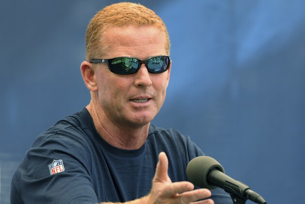 Dallas Cowboys head coach Jason Garrett answers questions during a media conference following practice at the NFL football team's training camp in Oxnard, Calif., Monday, July 24, 2017. (AP Photo/Michael Owen Baker)
