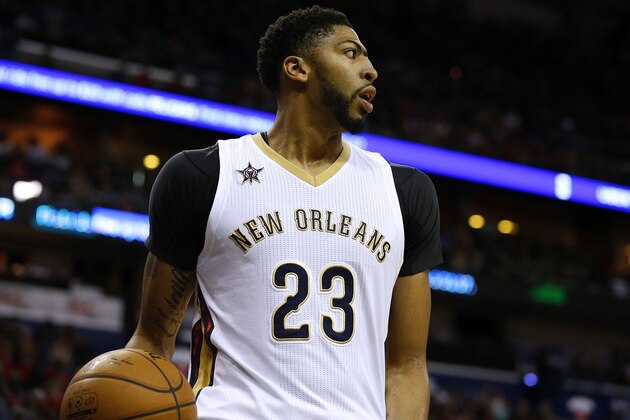 NEW ORLEANS, LA - APRIL 02:  Anthony Davis #23 of the New Orleans Pelicans reacts during the first half of a game against the Chicago Bulls at the Smoothie King Center on April 2, 2017 in New Orleans, Louisiana. NOTE TO USER: User expressly acknowledges and agrees that, by downloading and or using this photograph, User is consenting to the terms and conditions of the Getty Images License Agreement.  (Photo by Jonathan Bachman/Getty Images)