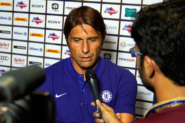 SINGAPORE - JULY 25: Antonio Conte Manager of Chelsea speaks to the media prior to kick off during the International Champions Cup match between Bayern Munich and Chelsea FC and FC Bayern Munich at National Stadium on July 25, 2017 in Singapore.  (Photo by Stanley Chou/Getty Images for ICC)