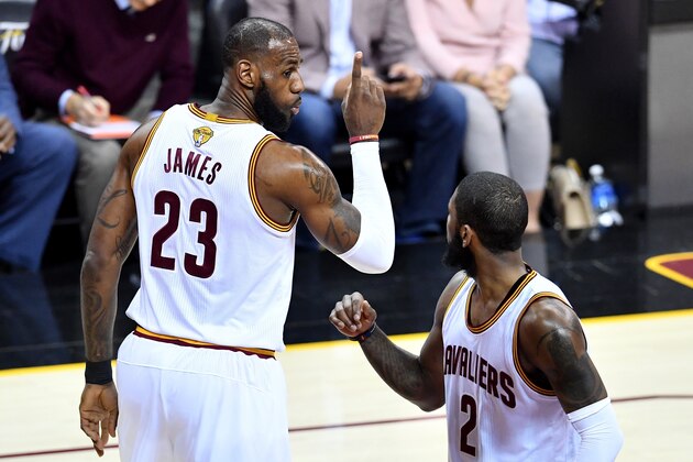 CLEVELAND, OH - JUNE 09: LeBron James #23 of the Cleveland Cavaliers and Kyrie Irving #2 react in the first quarter against the Golden State Warriors in Game 4 of the 2017 NBA Finals at Quicken Loans Arena on June 9, 2017 in Cleveland, Ohio. NOTE TO USER: User expressly acknowledges and agrees that, by downloading and or using this photograph, User is consenting to the terms and conditions of the Getty Images License Agreement.  (Photo by Jason Miller/Getty Images)