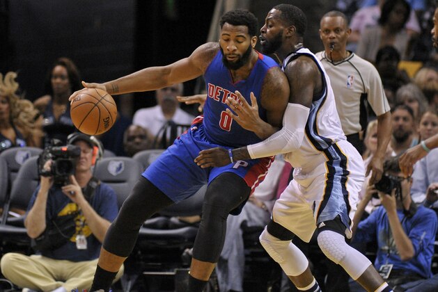 Apr 9, 2017; Memphis, TN, USA; Detroit Pistons center Andre Drummond (0) handles the ball against Memphis Grizzlies forward JaMychal Green (0) during the first half at FedExForum. Mandatory Credit: Justin Ford-USA TODAY Sports