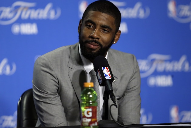 Cleveland Cavaliers guard Kyrie Irving answers questions after Game 1 of basketball's NBA Finals against the Golden State Warriors Thursday, June 1, 2017, in Oakland, Calif. (AP Photo/Ben Margot)