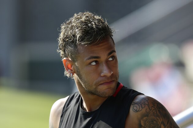 FILE - In this July 17, 2017, file photo, FC Barcelona's Neymar attends a training session in Sant Joan Despi, Spain. Neymar is not for sale, according to Barcelona President Josep Bartomeu. Speaking Thursday, July 20, 2017,  during an interview at The Associated Press, Bartomeu said: