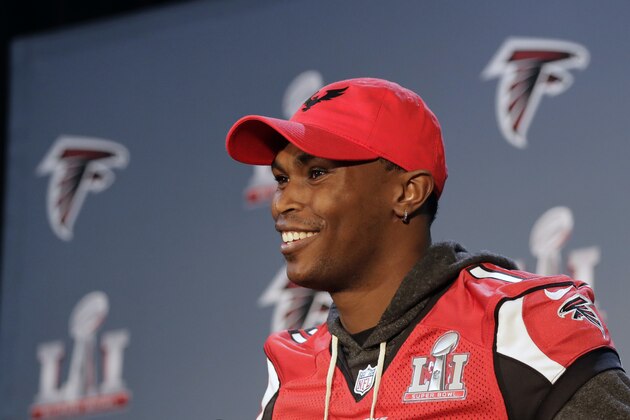 Atlanta Falcons wide receiver Julio Jones takes part in a media availability for the NFL Super Bowl 51 football game Thursday, Feb. 2, 2017, in Houston. Atlanta will face the New England Patriots in the Super Bowl Sunday. (AP Photo/Eric Gay)