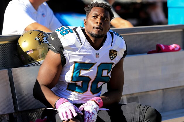 JACKSONVILLE, FL - OCTOBER 23: Dante Fowler #56 of the Jacksonville Jaguars looks on during the fourth quarter of the game against the Oakland Raiders at EverBank Field on October 23, 2016 in Jacksonville, Florida. (Photo by Rob Foldy/Getty Images)
