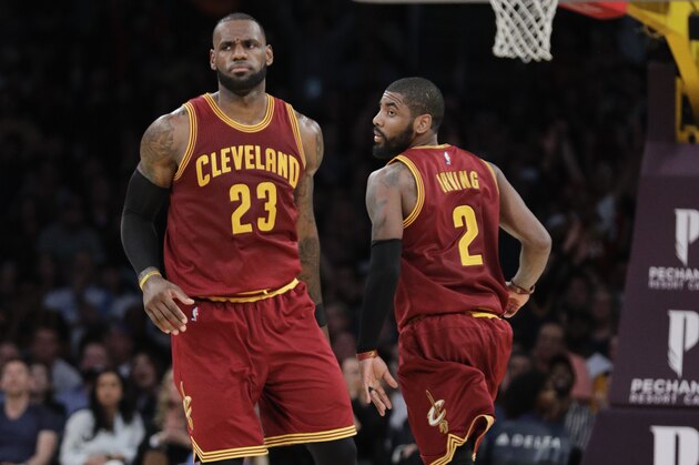 Cleveland Cavaliers' LeBron James greets Kyrie Irving during the second half of an NBA basketball game against the Los Angeles Lakers Sunday, March 19, 2017, in Los Angeles. (AP Photo/Jae C. Hong) Cleveland Cavaliers' LeBron James greets Kyrie Irving during the second half of an NBA basketball game against the Los Angeles Lakers Sunday, March 19, 2017, in Los Angeles. (AP Photo/Jae C. Hong)