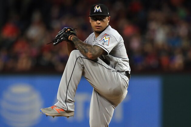 ARLINGTON, TX - JULY 24: AJ Ramos #44 of the Miami Marlins at Globe Life Park in Arlington on July 24, 2017 in Arlington, Texas. (Photo by Ronald Martinez/Getty Images) ARLINGTON, TX - JULY 24: AJ Ramos #44 of the Miami Marlins at Globe Life Park in Arlington on July 24, 2017 in Arlington, Texas. (Photo by Ronald Martinez/Getty Images)