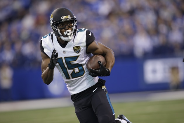 Jacksonville Jaguars wide receiver Allen Robinson (15) runs after a catch against the Indianapolis Colts during the first half of an NFL football game in Indianapolis, Sunday, Jan. 1, 2017. (AP Photo/AJ Mast)