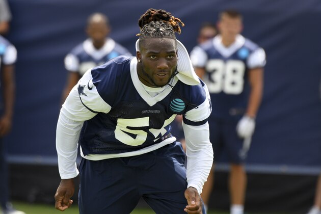 Dallas Cowboys linebacker Jaylon Smith (54) watches as a play develops during practice at the NFL football team's training camp in Oxnard, Calif., Monday, July 24, 2017. (AP Photo/Michael Owen Baker)
