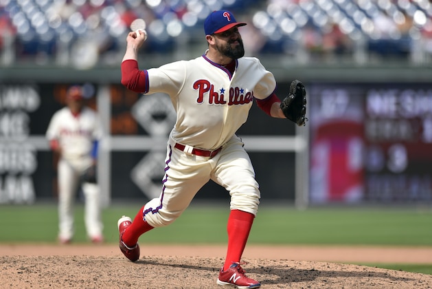 Philadelphia Phillies' Pat Neshek in action during a baseball game against the Milwaukee Brewers, Sunday, July 23, 2017, in Philadelphia. (AP Photo/Derik Hamilton)