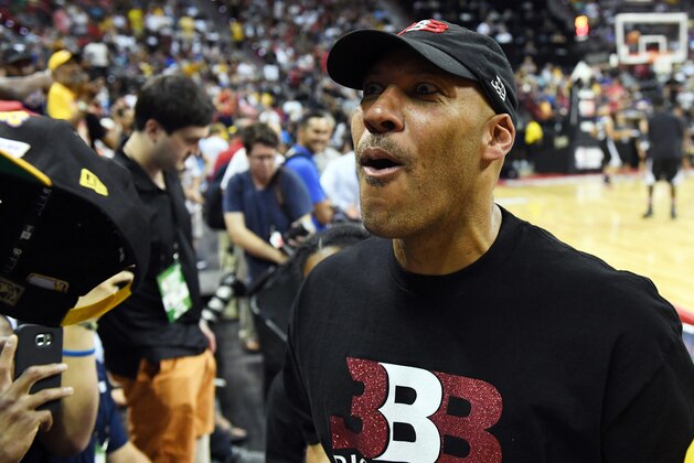 LAS VEGAS, NV - JULY 07:  LaVar Ball, father of Lonzo Ball #2 of the Los Angeles Lakers, jokes with fans at halftime of a 2017 Summer League game between the Lakers and the Los Angeles Clippers at the Thomas & Mack Center on July 7, 2017 in Las Vegas, Nevada. The Clippers won 96-93 in overtime. NOTE TO USER: User expressly acknowledges and agrees that, by downloading and or using this photograph, User is consenting to the terms and conditions of the Getty Images License Agreement.  (Photo by Ethan Miller/Getty Images)