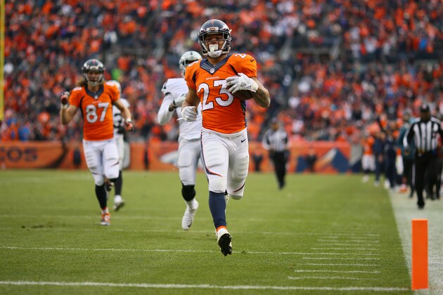 DENVER, CO - JANUARY 1: Running back Devontae Booker #23 of the Denver Broncos rushes for a touchdown in the second quarter of the game against the Oakland Raiders at Sports Authority Field at Mile High on January 1, 2017 in Denver, Colorado. (Photo by Justin Edmonds/Getty Images) DENVER, CO - JANUARY 1: Running back Devontae Booker #23 of the Denver Broncos rushes for a touchdown in the second quarter of the game against the Oakland Raiders at Sports Authority Field at Mile High on January 1, 2017 in Denver, Colorado. (Photo by Justin Edmonds/Getty Images)