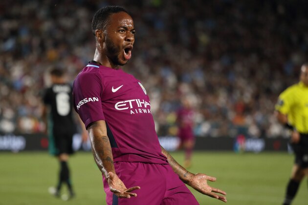LOS ANGELES, CA - JULY 26: Raheem Sterling of Manchester City celebrates after scoring a goal to make it 2-0 during the International Champions Cup 2017 match between Manchester City and Real Madrid at Los Angeles Memorial Coliseum on July 26, 2017 in Los Angeles, California. (Photo by Matthew Ashton - AMA/Getty Images)