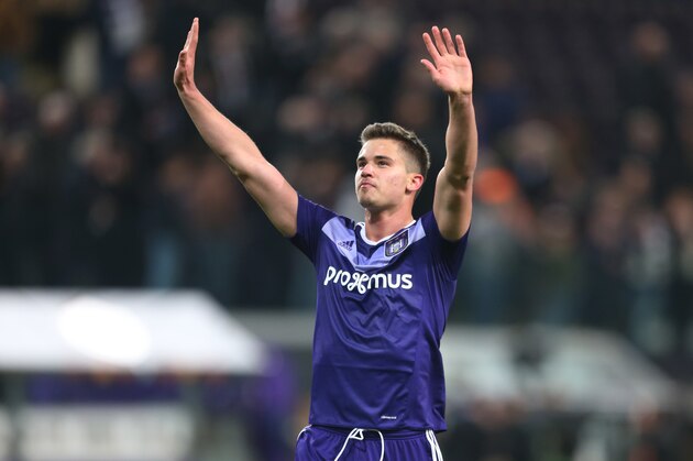 20170413 - Brussels , Belgium / Uefa EL : Rsc Anderlecht vs Manchester United / 'nLeander DENDONCKER - Vreugde Joie Celebration'nFootball Uefa Europa League 2016 - 2017 Quarter-Final 1st leg / Constant Vanden Stock stadium /'n© Vincent Van Doornick / Isosport