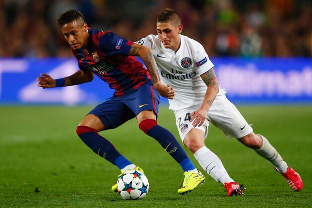 BARCELONA, SPAIN - APRIL 21: Neymar of Barcelona takes on Marco Verratti of PSG during the UEFA Champions League Quarter Final second leg match between FC Barcelona and Paris Saint-Germain at Camp Nou on April 21, 2015 in Barcelona, Spain. (Photo by Clive Rose/Getty Images) BARCELONA, SPAIN - APRIL 21: Neymar of Barcelona takes on Marco Verratti of PSG during the UEFA Champions League Quarter Final second leg match between FC Barcelona and Paris Saint-Germain at Camp Nou on April 21, 2015 in Barcelona, Spain. (Photo by Clive Rose/Getty Images)