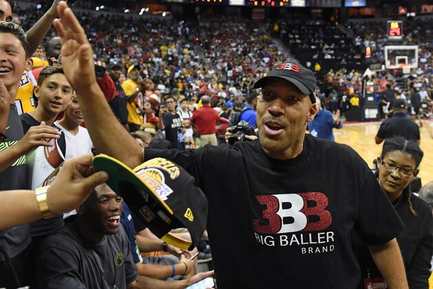 LAS VEGAS, NV - JULY 07:  LaVar Ball, father of Lonzo Ball #2 of the Los Angeles Lakers, greets fans at halftime of a 2017 Summer League game between the Lakers and the Los Angeles Clippers at the Thomas & Mack Center on July 7, 2017 in Las Vegas, Nevada. The Clippers won 96-93 in overtime. NOTE TO USER: User expressly acknowledges and agrees that, by downloading and or using this photograph, User is consenting to the terms and conditions of the Getty Images License Agreement.  (Photo by Ethan Miller/Getty Images)