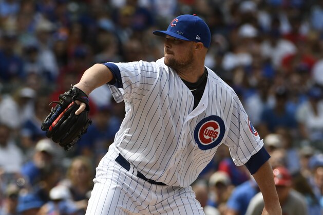 CHICAGO, IL - JULY 22:  Jon Lester #34 of the Chicago Cubs pitches against the St. Louis Cardinals on July 22, 2017 at Wrigley Field  in Chicago, Illinois. The Cubs defeated the Cardinals 3-2. (Photo by David Banks/Getty Images)